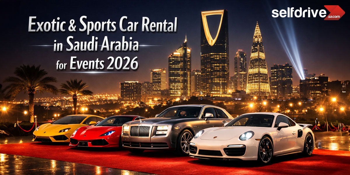Four luxury cars are displayed on a red carpet against a nighttime cityscape featuring modern skyscrapers in Riyadh. Text promotes car rentals in Saudi Arabia for 2026 events.
